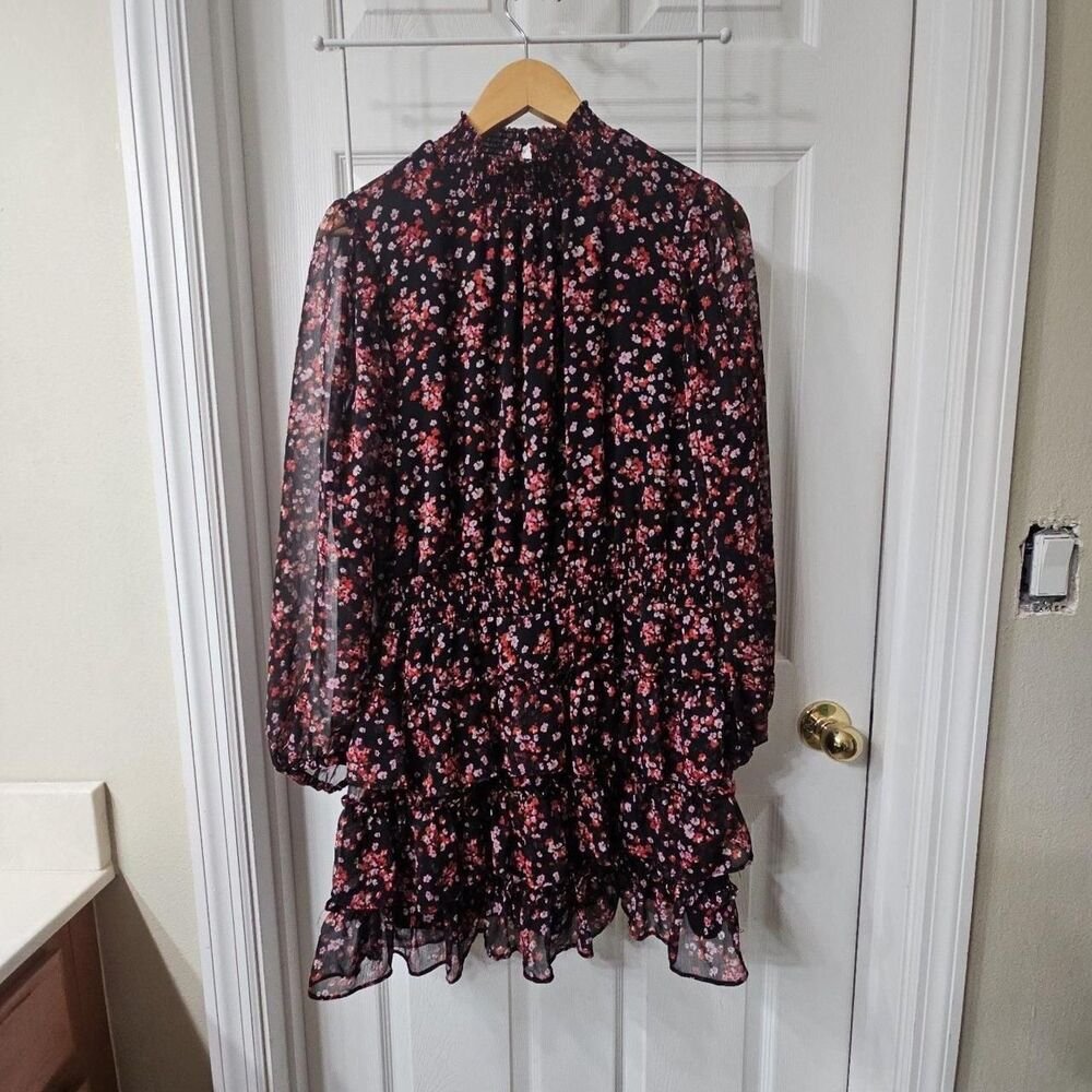 Sam and Jess Black Red Floral Chiffon Smocked High Neck Ruffle Mini Dress XL